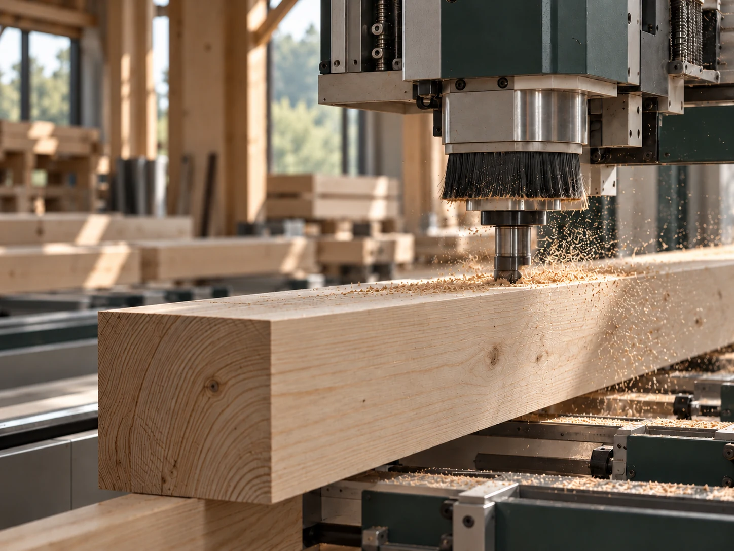 CNC-Fräse bearbeitet einen massiven Holzbalken in einer Werkhalle