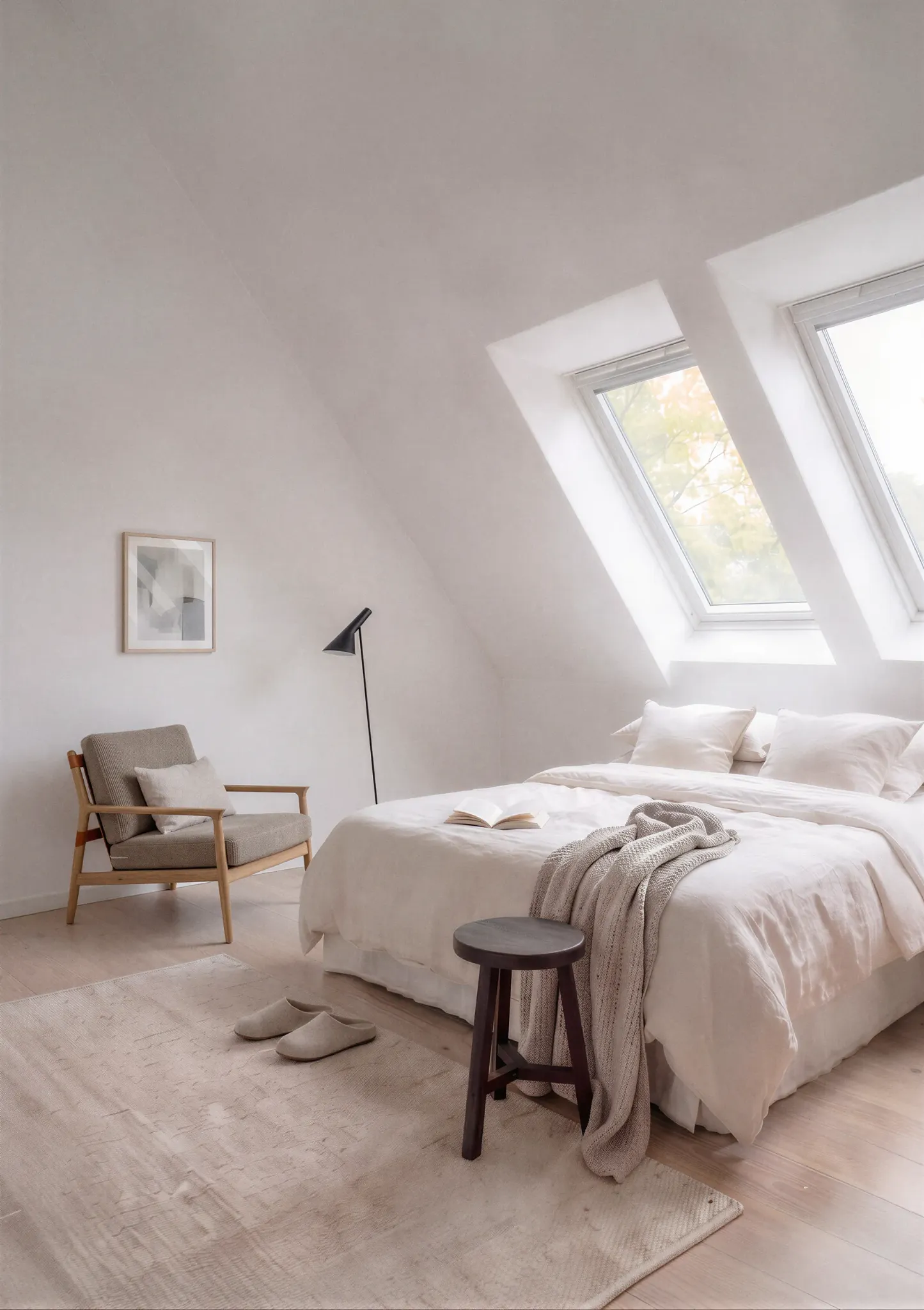 Architektonische Impression eines ruhigen Schlafzimmers unter dem Dach mit Oberlichtern